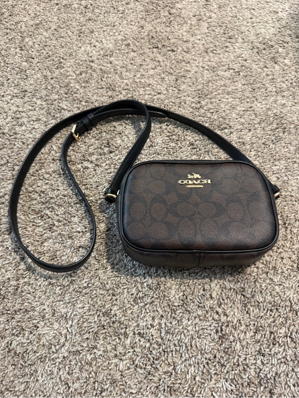 Coach Dark Brown Signature Small Camera Crossbody with Black Strap